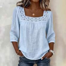 2026 New Summer Solid Color Casual Square Neck Lace Trim Three-Quarter Cotton-Linen Short Sleeve Top For Women - Red - View 5