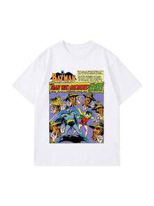 SHEIN X BATMAN Vintage Full Page Comic Bat Duo Figure & Bold Title Print Crew Neck Tee,  Summer Holiday Casual White - White - View 4