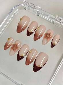 10 piezas de uñas postizas de presión de forma almendrada media-larga, talladas en 3D, de estilo minimalista, suave, elegante, cálido, color marrón café Maillard, para uso diario - Marrón - Ver 6