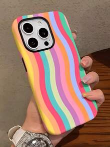 A Stylish Phone Case That Does Not Include A Lanyard Or Stand. This Matte-Textured Phone Case Features A Multi-Color Gradient Wavy Stripe Design And Is Compatible With IPhone 17, 16, 15, 14, 13, 12, 11, PRO, PLUS, X, XS, And S21/22/23/24/25 Ultra/FE+, NOTE20 Ultra, And A71/56/55/54/53/52/36/34/26/25/23/16/15/14/13/06. - 彩色 - 查看 1