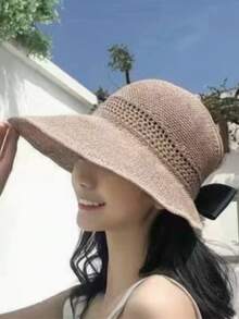 1pc Women's Spring/Autumn Solid Color Bow Straw Bucket Hat Wide Brim Sun Hat Sun Protection Hat, Suitable For Daily Use - A - View 3