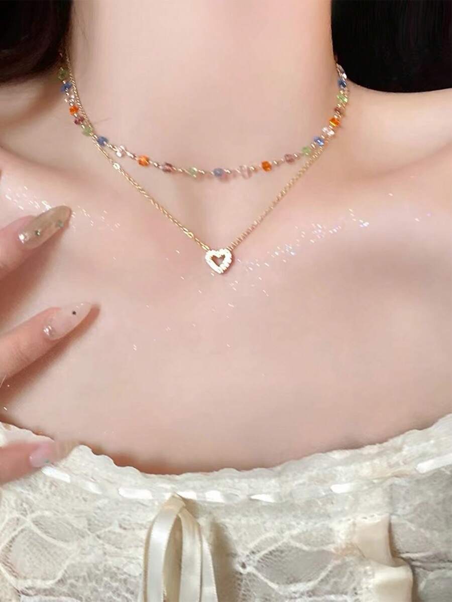 多巴胺彩色水晶項鍊女款，高端小眾鎖骨鍊 - 金色 - 查看 1