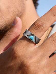 1 pieza Anillo geométrico de triángulo de acero inoxidable minimalista vintage con turquesa, accesorio de joyería retro para hombres - Negro de pistola - Ver 5