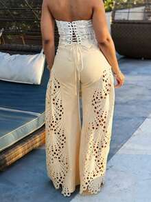 European And American Cross-Border Spring/Summer Versatile High-Waisted Lace Hollow-Out Patchwork White Flowy Wide-Leg Pants - Apricot - View 2