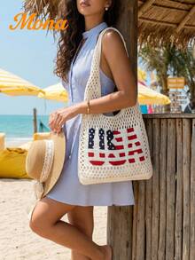 Women USA Flag Knit Mesh Tote Bag, Hollow Out Crochet Beach Bag Large Capacity Shoulder Handbag For Summer Vacation Travel Grocery Shopping - Beige - View 1