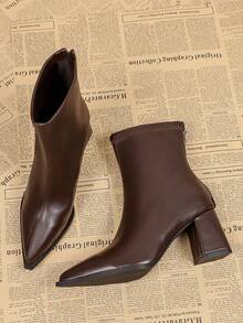 Elegant Pointed Toe Chunky Heel Back Zipper Short Boots For Women, Autumn/Winter New Brown Mid-Calf Classic American Style Boots - Brown - View 2