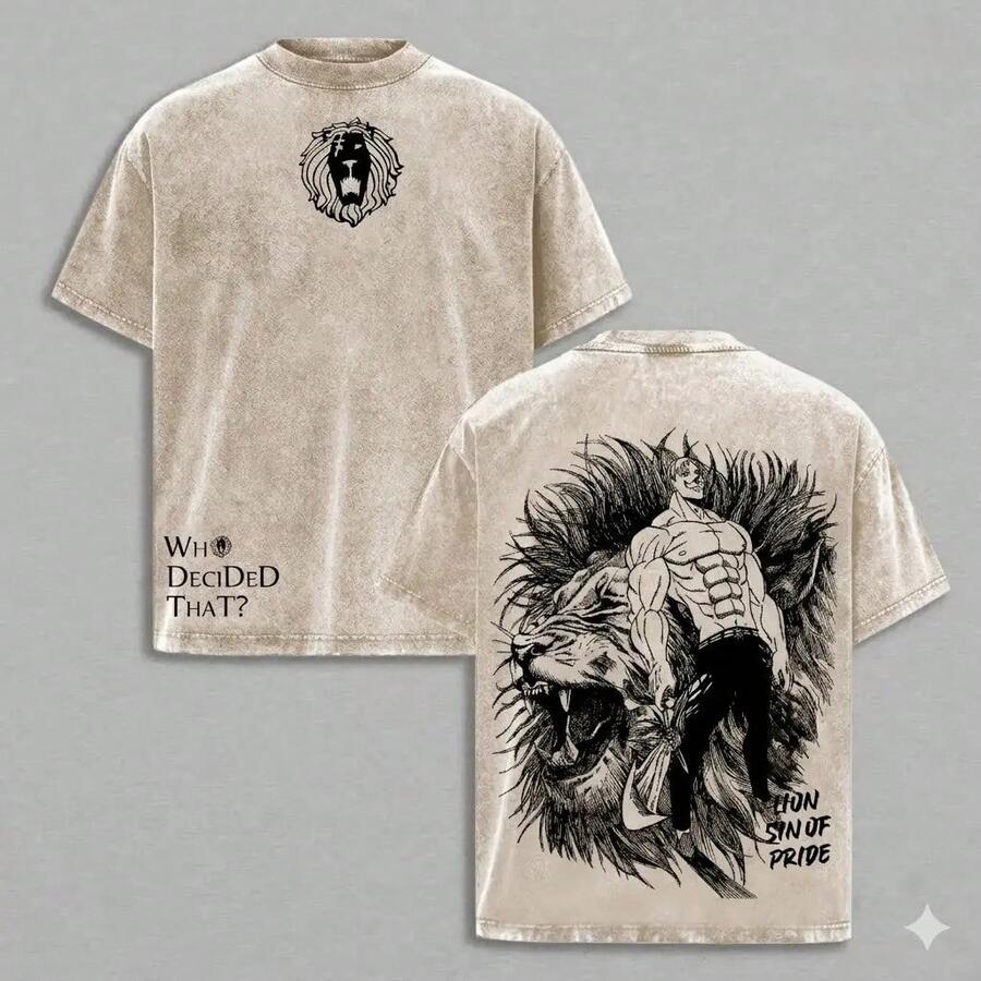 Vintage Washed T-Shirt, Thick Cotton With Double Graphic Illustrative Print, Unisex Cut, Variety Of Sizes, Casual Garment, Urban Fashion, Manga Style - 杏色 - 查看 1