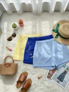 Set Of 3 Women's Tailored High-Waisted Dress Shorts, Elegant, Casual, Summer Fashion, Work, Office - 淺藍色/寶藍色/黃色 - 查看 2