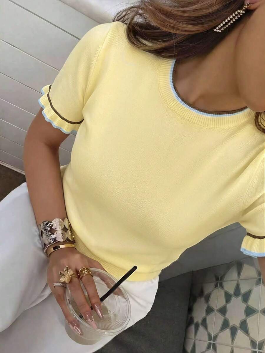 Women's Summer Casual Colorblock Ruffle Trim Round Neck Short Sleeve Knit Pullover Yellow
