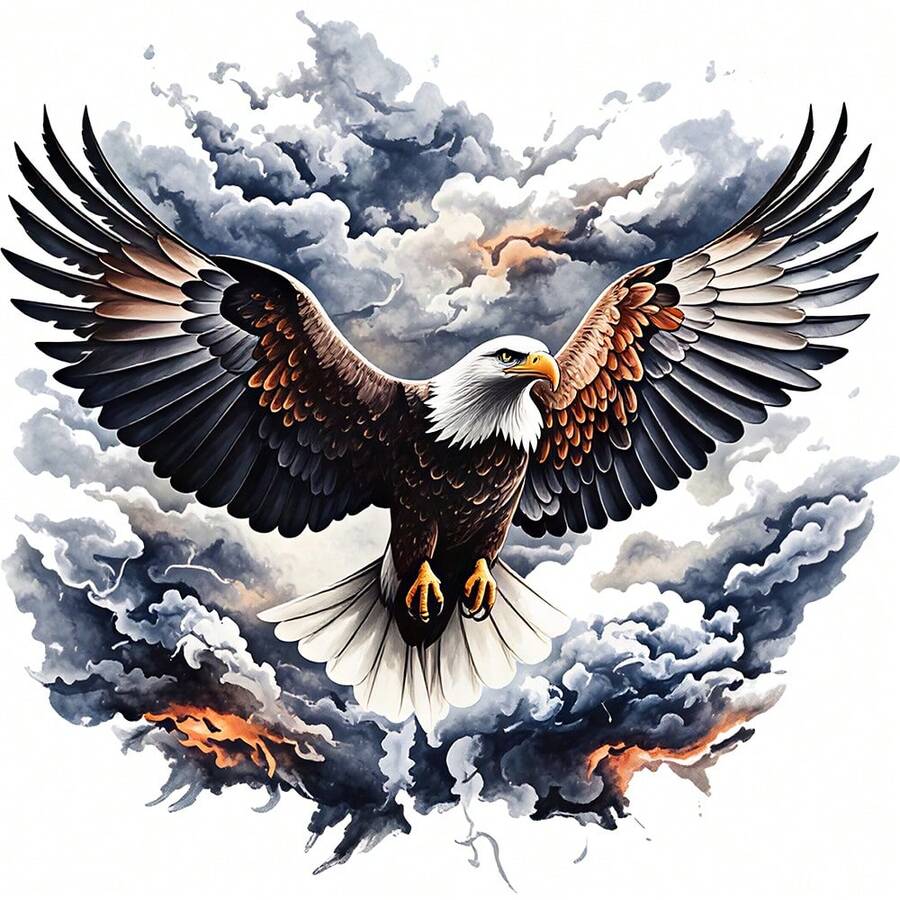 1/2/3PCS Durable Washable Heat Transfer Iron-On Patches, Bald Eagle With Spread Wings Ink Wash Cloud Mist Orange Flame Splatter Background Pattern Color Heat Transfer, Vinyl Print, Heat Transfer Stickers, Iron-On Transfer Stickers Decals - Suitable For Pillows, DIY, Backpacks, T-Shirts, Canvas Bags, Sweatshirts, Jeans, T-Shirts, Clothing, Sewing Supplies