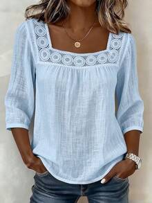 2026 New Summer Solid Color Casual Square Neck Lace Trim Three-Quarter Cotton-Linen Short Sleeve Top For Women - Light Blue - View 1