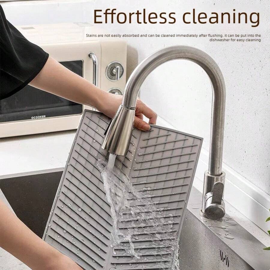 1pc Foldable Flexible Silicone Drainage Mat, Grooved Quick‑Drying Countertop Pad, Multi‑Size Kitchen Sink & Bathroom Vanity Counter Accessory, Available In Black White Grey