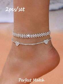 2pcs Luxury Heart Metal Inlaid CZ Silver Anklet Set, Suitable For Women's Daily Wear And Dating - Silver - View 8