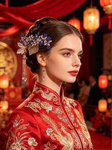 1件女款時尚高端重工水鑽花朵髮飾髮梳側梳 - 寶藍色 - 查看 6