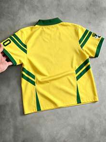 Unisex Boxy Cropped Polo, Classic Brazil Football Style With Green-Yellow Color Blocking, Ideal For Euro Cup & World Cup, Daily Street Essential - Yellow - View 2