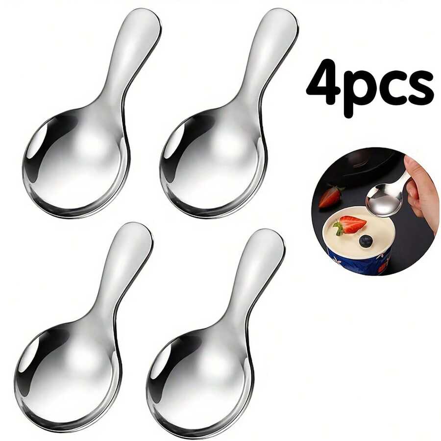 Set Sendok Gagang Pendek 4 Buah: Sendok Mini Stainless Steel dan Sendok Bulat Kecil Gagang Tebal, Cocok untuk Garam, Bumbu, Makanan Penutup, Teh, dan Kopi - View 1