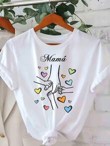 amiseta rosa de manga corta con ilustración de corazón, casual y cómoda para uso diario, perfecta para el verano, camiseta informal. Ilustración Divertida Ajuste Cómodo, Camisetas para Damas - Blanco - Ver 1