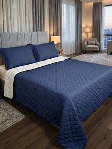 Single/Queen Double-Sided Bedspread Set With Sherpa Alaska 03 Pieces - Premium Soft Touch - 海軍藍 - 查看 8