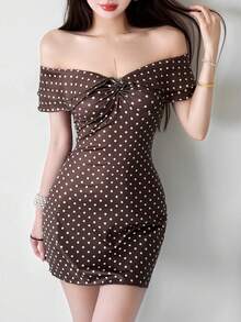 Top Dazzle Women's Sexy Polka Dot Short Sleeve Off-Shoulder A-Line Mini Dress, Backless Knit Fabric Party Sun Dress - Brown - View 4