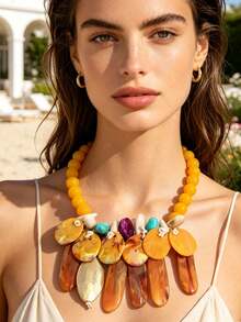 Chunky Amber Statement Bib Necklace, Multicolor Oversized Choker, Summer Tropical Beach Resort Bold Collar Jewelry - Multicolor - View 9