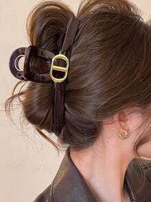 1PC Dainty Gold Buckle Decor Glossy Hair Claw Clip, Large Hollow Acrylic Shark Jaw Clamp, Elegant Daily Updo Hair Accessories For Thick Hair Women Beach Vacay Hair Clips - Burgundy - View 1