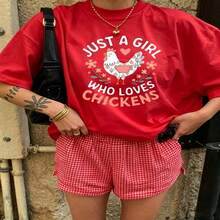 Cute Daily Casual Graphic T-Shirt 100% Cotton Oversized Soft Breathable Casual Crewneck Short Sleeve Top Aesthetic Daily Fashion Lovers Casual Wearers Gift Givers  Basic - 紅色 - 查看 18