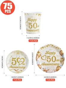 75/25/10件 50週年結婚紀念日派對餐具，金色50週年一次性盤子和紙杯，白色與金色紙餐具套裝派對用品，男女派對禮物 - 彩色 - 查看 9