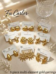 18Pcs Stainless Steel Earrings Set, Gold Cartoon Heart Teardrop Studs, Ins Style Random Mix, Gift For Friends & Students,Random Delivery - Multicolor - View 4