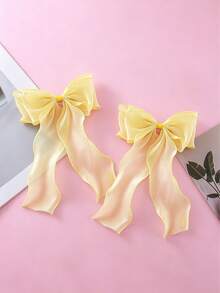 Fresh Pale Yellow Mesh Oversized Bow Wavy Ribbon Spring Clip Elegant Gentle Half-Up Hair Clip Hair Accessory - Yellow - View 6