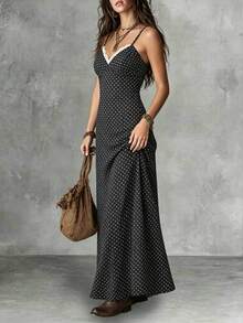 2026 Spring/Summer Women's Valentine's Day Black Base White Polka Dot Spaghetti Strap Maxi Dress With Lace Patchwork Elegant - Black and White - View 3