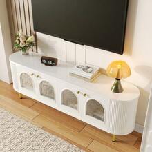 Low TV Unit With Glass Doors, Practical Storage Unit For The Living Room, Gold Handles And Legs - White - View 3