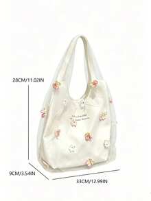 Japanese And Korean Style Niche Design Ins Style Minimalist Fashion Floral Fresh Shoulder Bag Commuter Outing Daily Shopping Floral Drawstring Shoulder Tote Large Bag - White - View 5