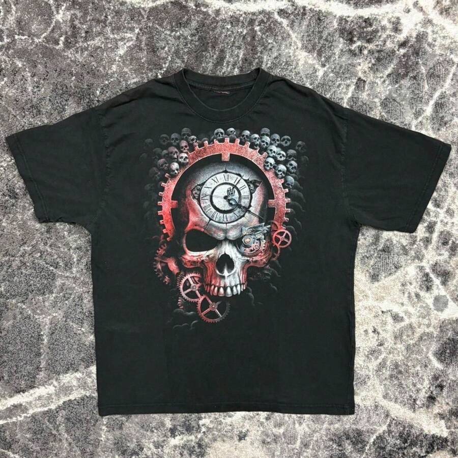 Retro T-Shirt For Music Festival 2026, Retro Y2K Fashion, Vintage T-Shirt For Men XL, Skull, Skeleton, 2000s Spiral, Grim Reaper, Grunge, Gothic - 黑色 - 查看 1