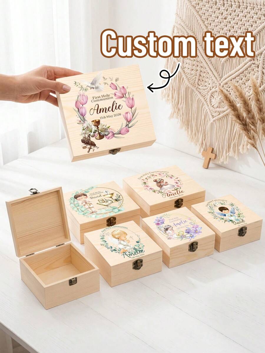 1pc Customized First Communion Keepsake Box, Personalized Religious Baptism Wooden Storage Box, Communion Gift, Floral & Cross Children's Gift Box - Multicolor - View 1