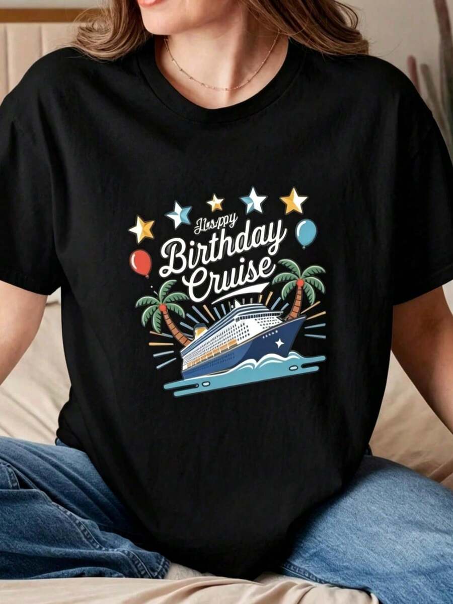 Cotton T-Shirts Gift For Women Modern Design Streetwear Cruise Red Blouses For Women Summer Round Neck Urban Tops Fashion Clothing Print Birthday Travel Daily Party - 黑色 - 查看 1