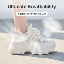 35-40 Size Rhinestone Decorated Mesh Thick Sole Solid Color Sports Lace-Up Commuter Chunky Sneakers Outdoor All Season Rhinestone Height Increasing - White - View 10