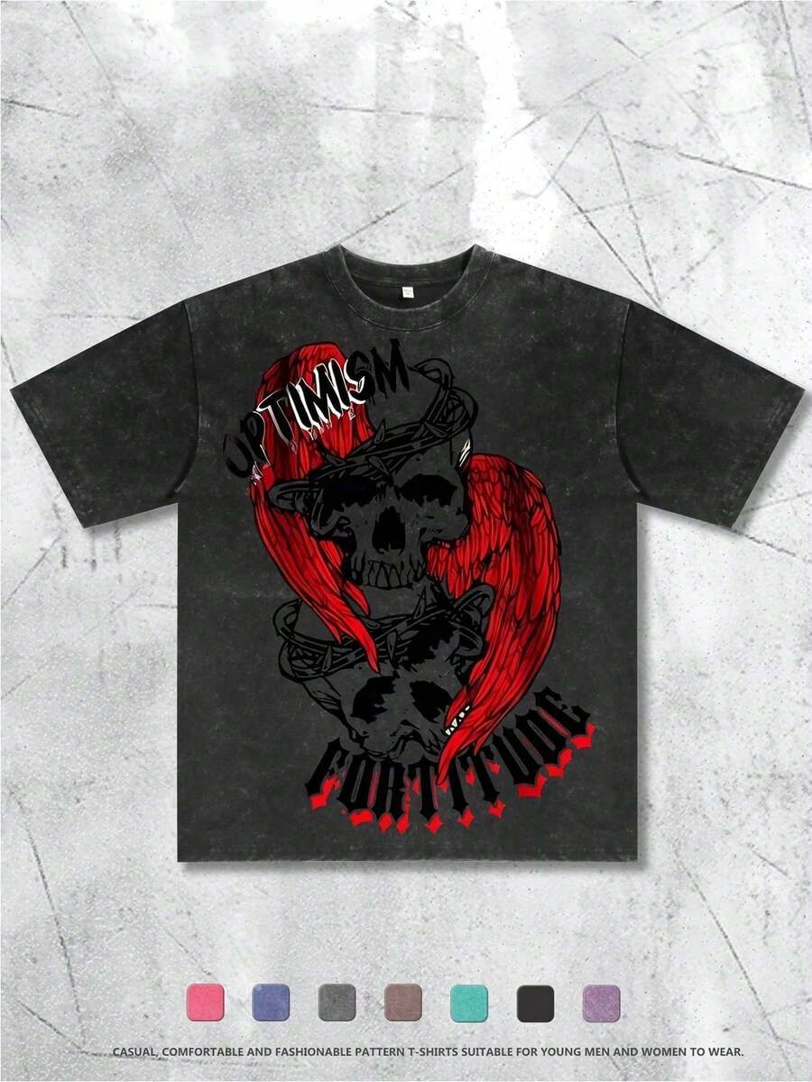 calavera con alas rojas y estampado de cuervo, diseño con cita inspiradora, patrón casual, cómodo y a la moda para que jóvenes hombres y mujeres la usen en atuendos diarios o de. LHW3 - Blanco - Ver 1