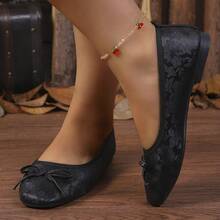 Women's Chinese Style Dark Pattern Jacquard Fabric Glossy Thin Strap Bow Decor Square Toe Low Vamp Flat Shoes French Gentle Commute Daily All Seasons Black Faux Satin Soft Sole Slip-On Granny Shoes - Black - View 1