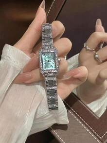 CARYINO 1件金銀雙色女款不鏽鋼手鍊式手錶，經典方型，優雅百搭精緻鑲鋯石石英錶，適合日常穿著、商務、聚會 - 漸層藍色 - 查看 1