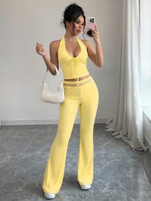 abyoxi Damen Gelbes Spitzen-Patchwork-Halterneck-Crop-Top mit Bindung hinten und Spitzen-Taillen-Hose mit hoher Taille und ausgestelltem Bein, 2-teiliges Set, jung, sexy, süß, lässig, für Urlaub, Alltag, Ausgehen, Zuhause, Date, Sommer-Outfit mit kurzem Top und langer Hose - Gelb - Übersicht 3