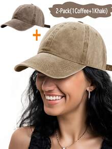 1 pieza Gorra de béisbol con visera curva vintage desgastada, unicolor, para primavera/verano, unisex - Caqui - Ver 20
