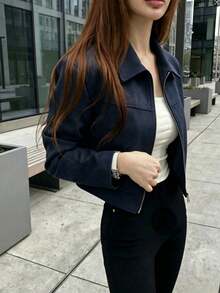 Jaket Wanita Musim Semi/Gugur, Kerah Berlipat, Bahan Suede Imitasi Warna Polos, Penutup Resleting, Cocok untuk Sehari-hari, Kuliah, dan Bandara - Royal Blue - View 2
