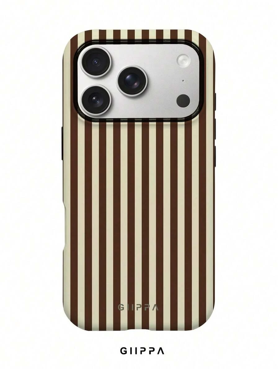 Una elegante funda para teléfono que no incluye cordón ni soporte. Funda para teléfono GIIPPA 1pc con diseño de rayas azul neblinado, compatible con 17 Pro, 16 Pro, 15 Pro, 14 Pro. Funda para teléfono coreana elegante e interesante, compatible con 11/12/13/14/15/16 Pro Plus. Diseño elegante para hombres y mujeres, regalo para novias en Pascua, temporada de bodas, cumpleaños. - Marrón - Ver 1