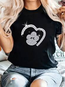 Exquisite Clover Heart Print T-Shirt, Elegant Drop-Shoulder Everyday Versatile Women S Top, Soft And , Suitable For Mall Shopping, Afternoon T - Black - View 1