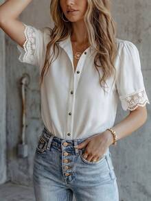 Women's White Button-Front Shirt With Contrast Lace Short Puff Sleeves, Shirt Collar, Regular Length Polyester Blouse Summer - White - View 5