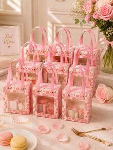 1/5/12pcs Pink Floral Transparent Window Gift Boxes, Birthday, Baby Shower, Wedding Party Favor Bags, Candy & Snack Packaging Set - Cherry Blossom Box - View 2