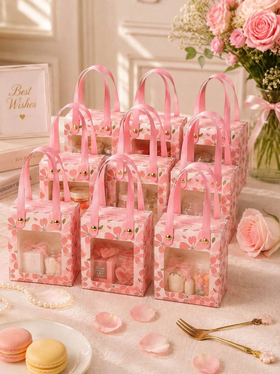 1/5/12pcs Pink Floral Transparent Window Gift Boxes, Birthday, Baby Shower, Wedding Party Favor Bags, Candy & Snack Packaging Set