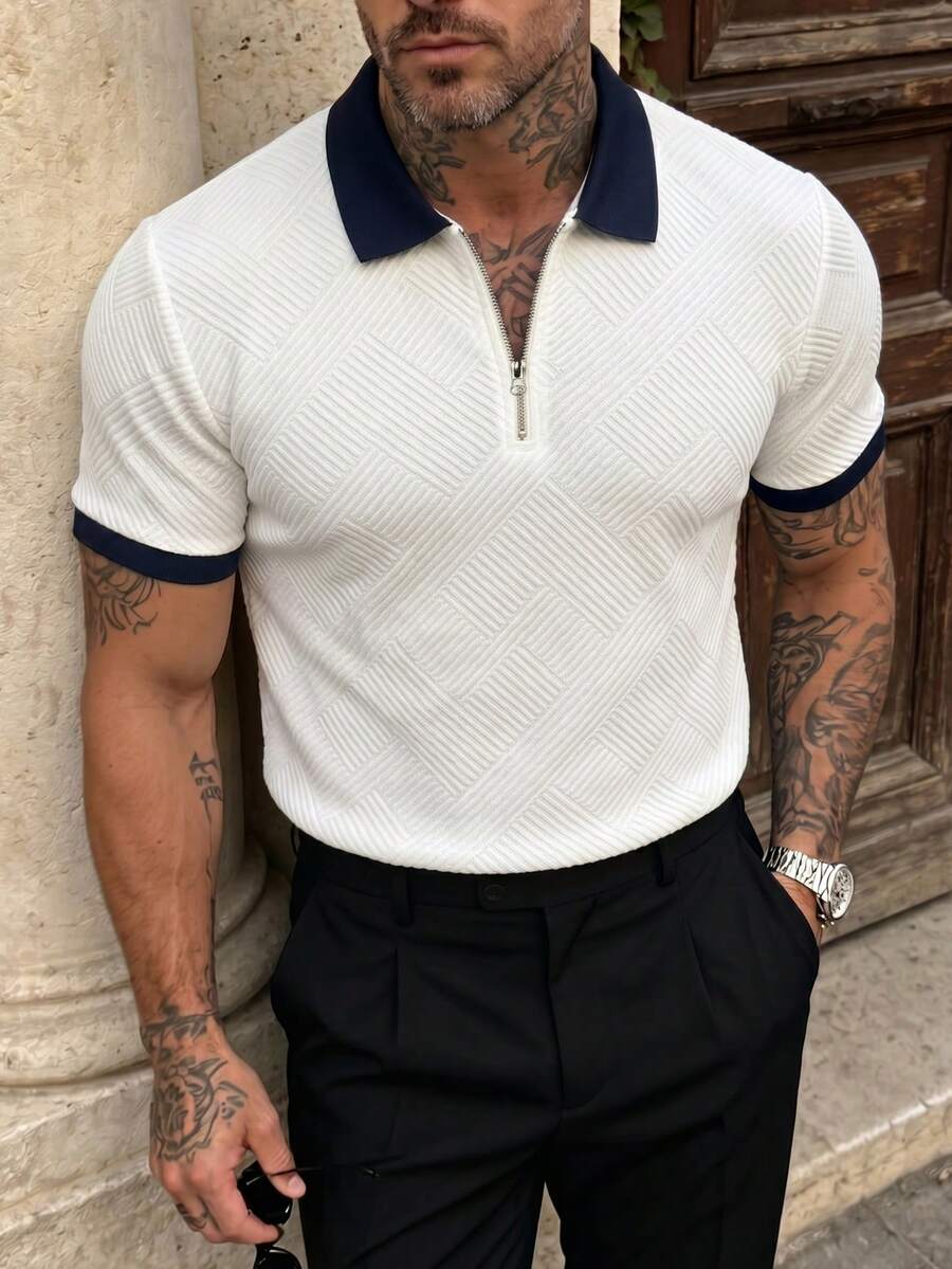 男士夏季提花紋理撞色半拉鍊 Polo 衫,休閒極簡都市成熟英倫紳士風 - 白色 - 查看 1