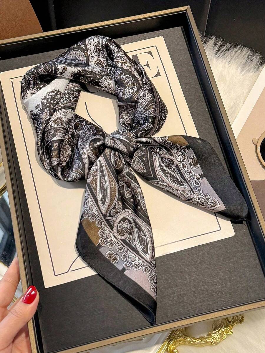 1 Piece Women's 70cm Square Scarf With Silk Paisley Floral Print, Versatile Scarf, Hair Accessory, Fashionable Dress Scarf - 黑色 - 查看 1