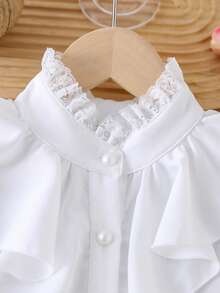 1pc Girls Back To School Spring/Autumn Shirt, Fashion Elegant Small Stand Collar Lace Design Solid Color Long Sleeve Button-Up Top, Little Girl Outdoor Party Daily School Style Campus Outfit - White - View 7